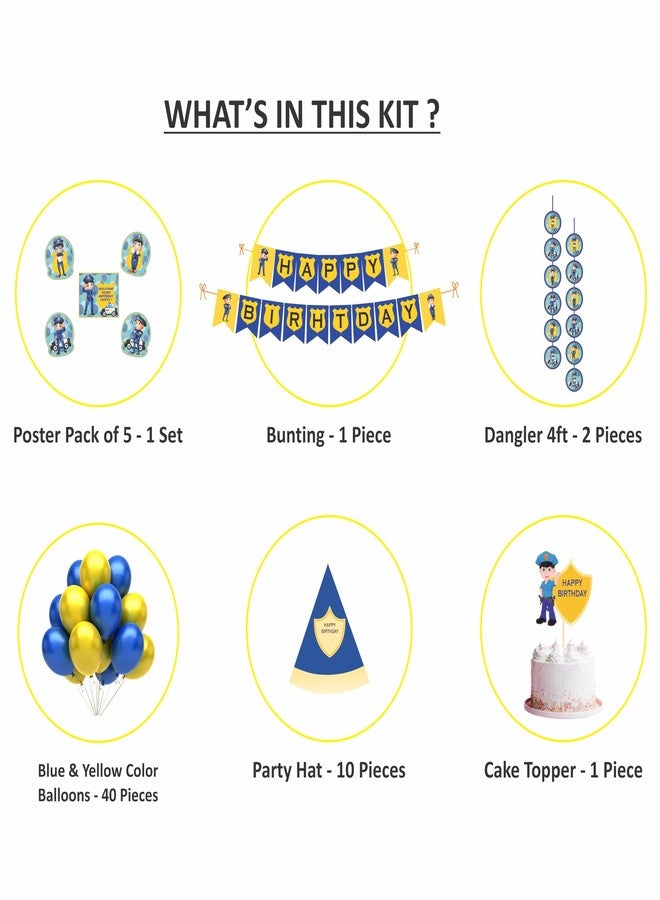 Untumble Police Theme Birthday Decorations for Boys - Yellow & Blue Police Birthday Decorations with Police Birthday Banner, Danglers, Posters, Cake Topper & Balloons - Pack of 58 - Image 2